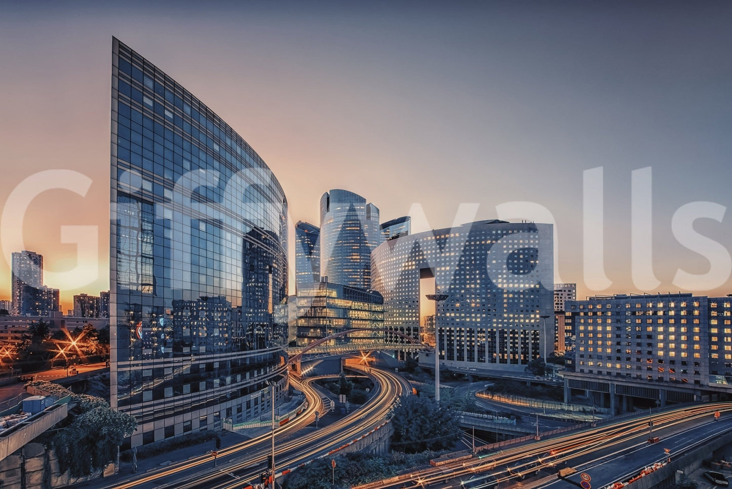 Office reception wall with Cityscape Serenity mural, modern skyline artwork