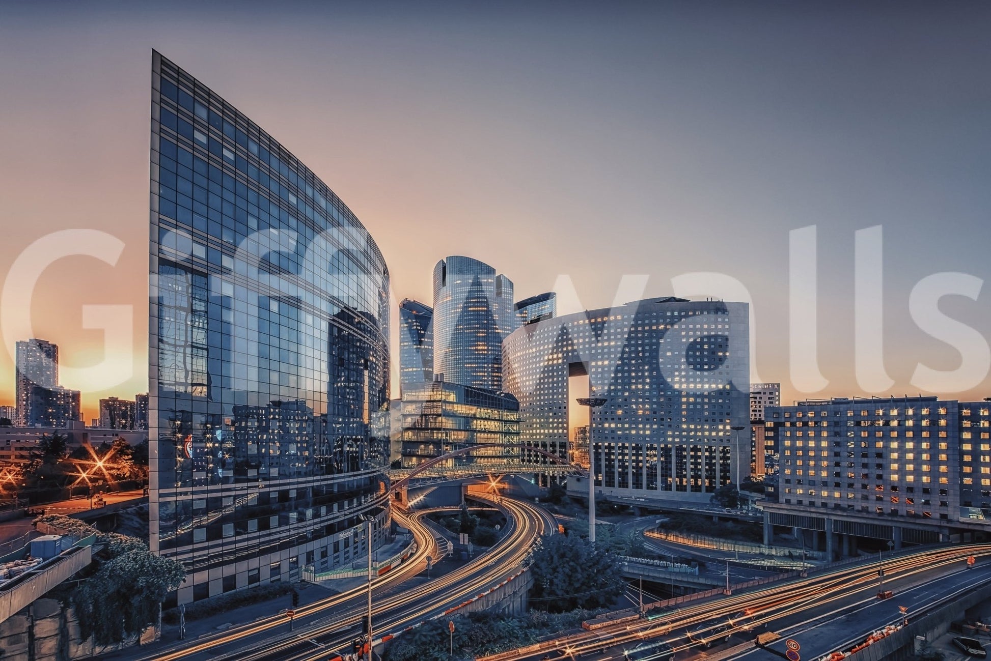 Office reception wall with Cityscape Serenity mural, modern skyline artwork