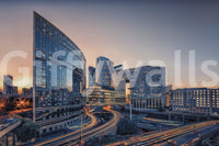 Office reception wall with Cityscape Serenity mural, modern skyline artwork