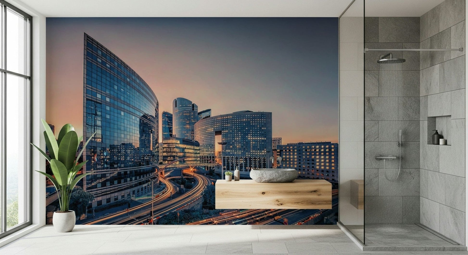 Dining area wall mural with calm skyline, neutral colour palette and depth