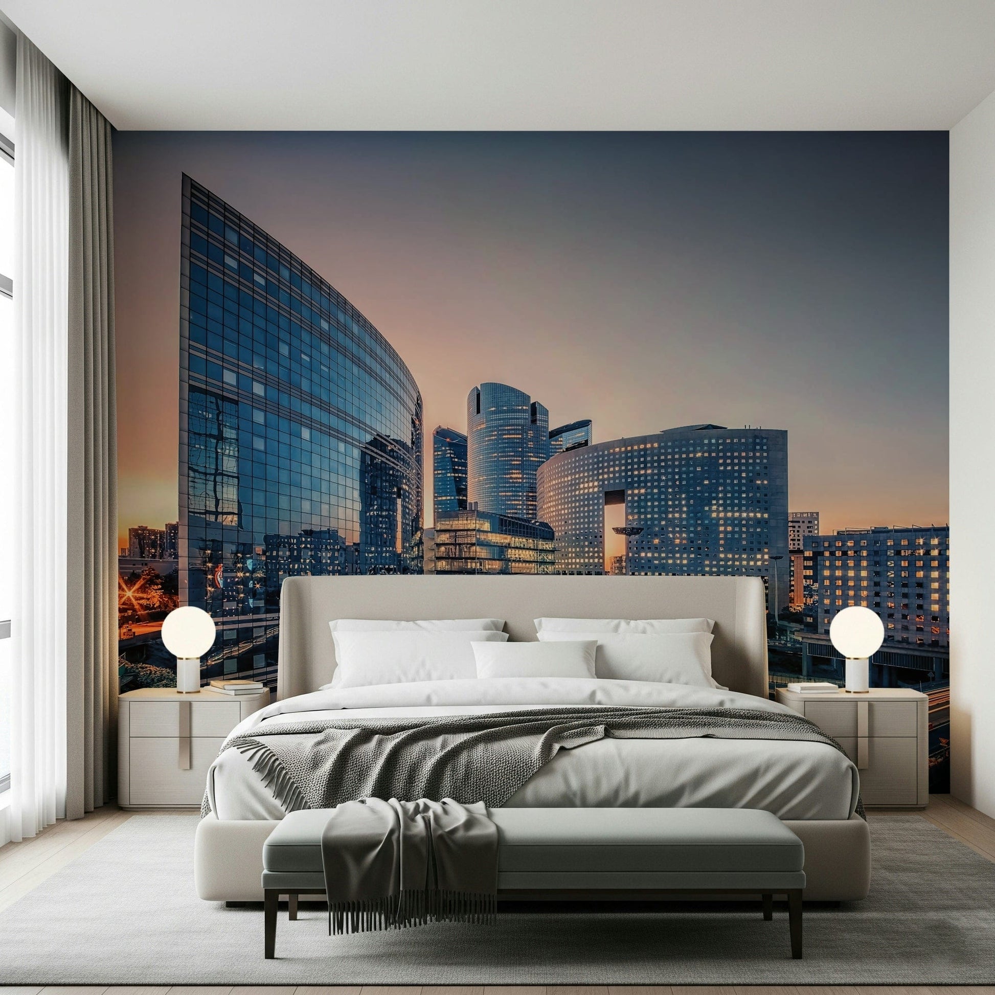 TV wall with Cityscape Serenity Wall Mural, subtle skyline detail and calm tones