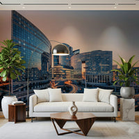 Home office wall with Cityscape Serenity mural, clean urban theme for focus