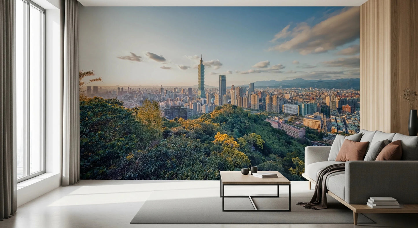 Cityscape Vista wallpaper mural of Taipei at sunset behind a beige sofa and black coffee table by tall windows
