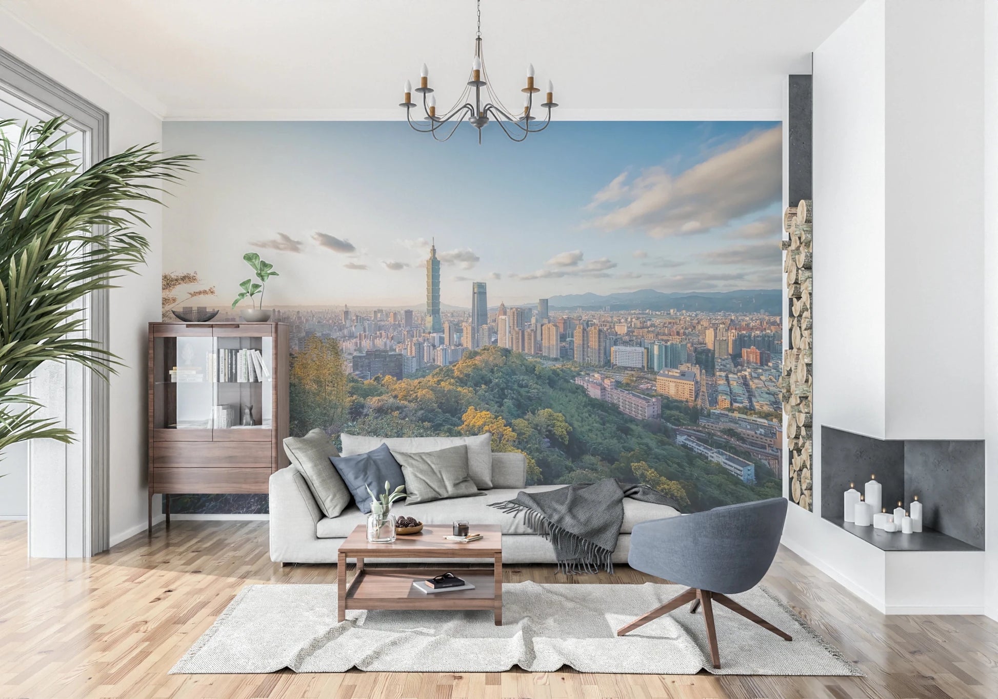 Cityscape Vista wallpaper mural of Taipei 101 at dusk behind a green velvet sofa and a tall cactus plant