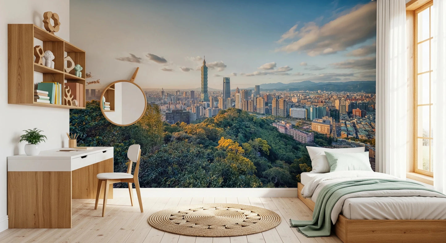 Cityscape Vista wallpaper mural of the Taipei skyline beside a wood desk and single bed in a child's bedroom