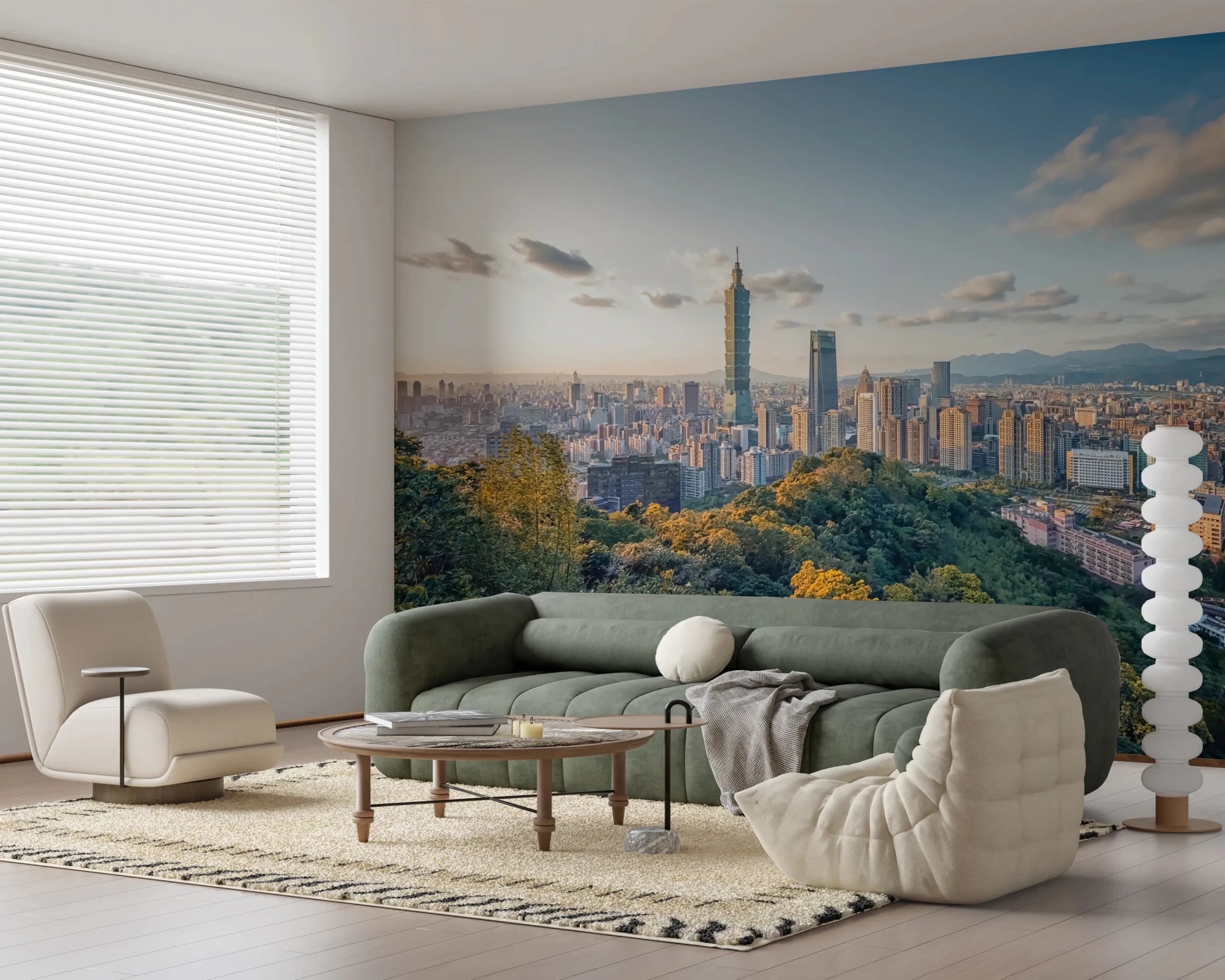 Cityscape Vista wallpaper mural of the Taipei skyline above a grey sofa with a walnut cabinet and chandelier