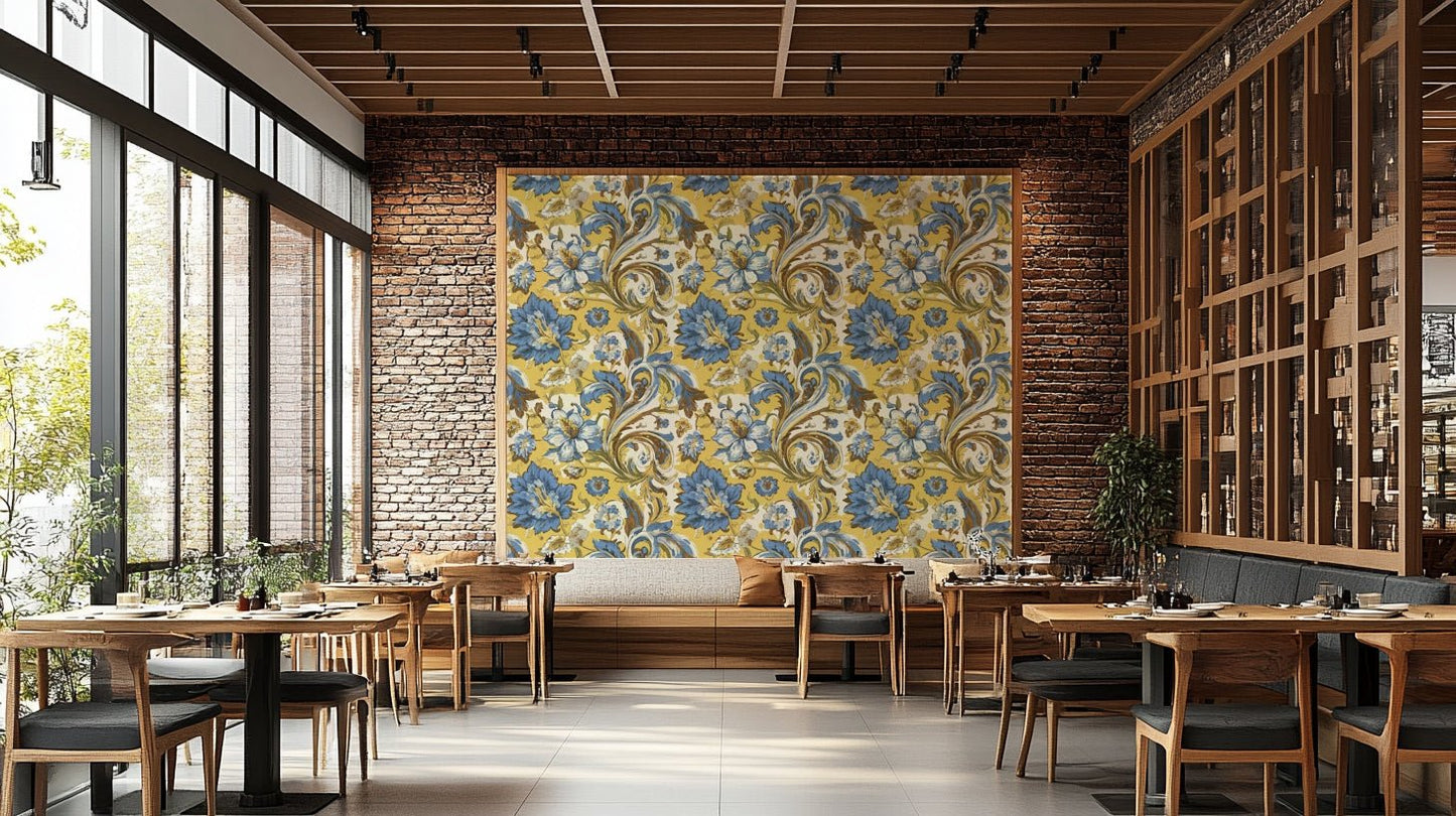 The image shows a repeating pattern of classic blue flowers and leaves.

