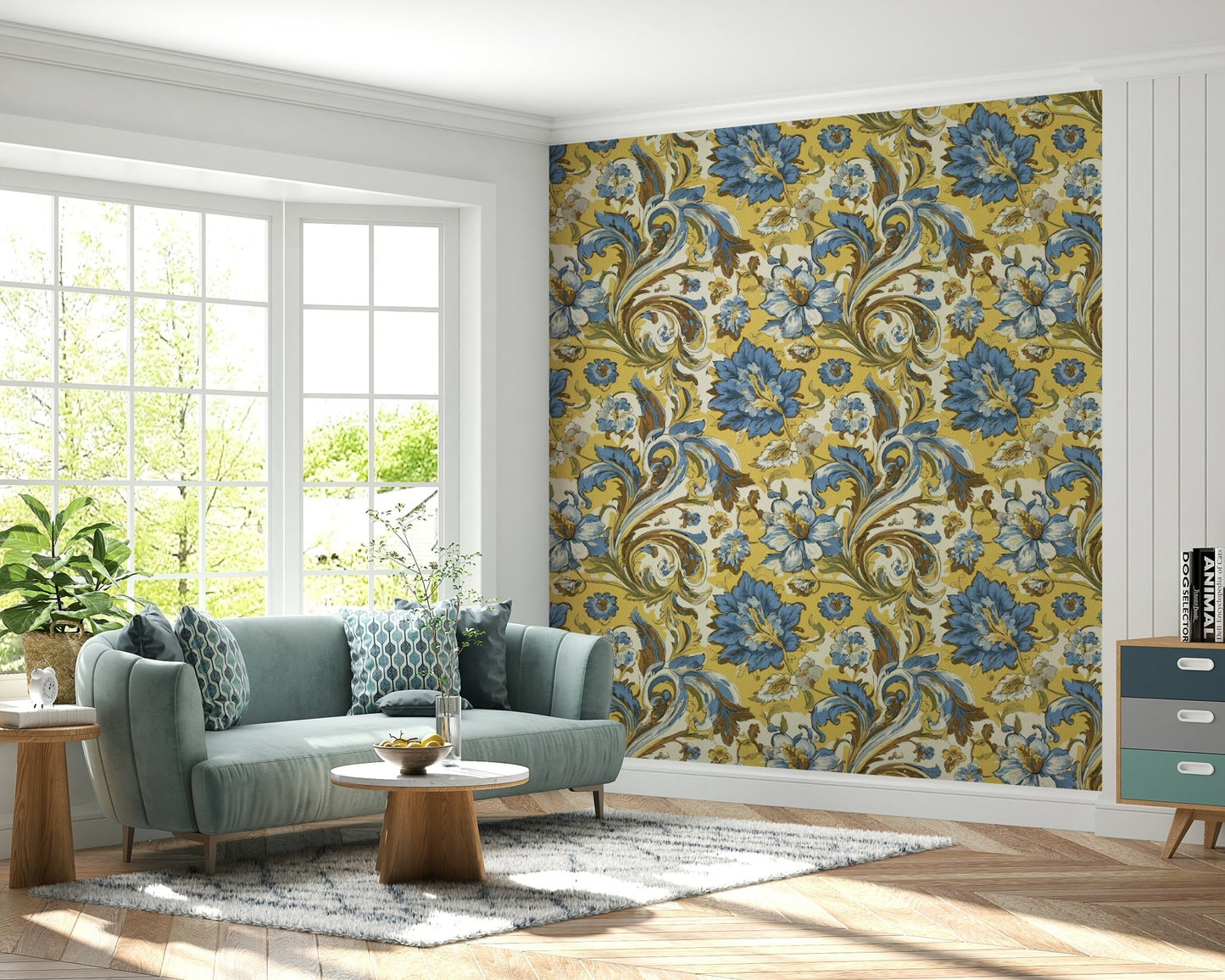 The colors are rich blue and soft complementary tones.


