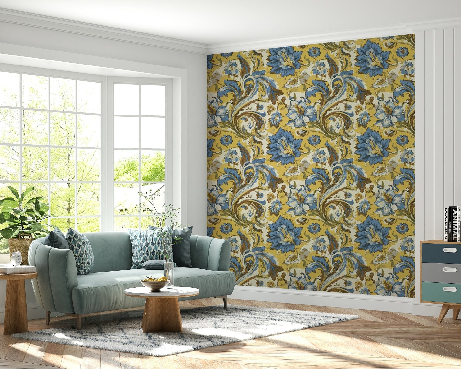 The colors are rich blue and soft complementary tones.

