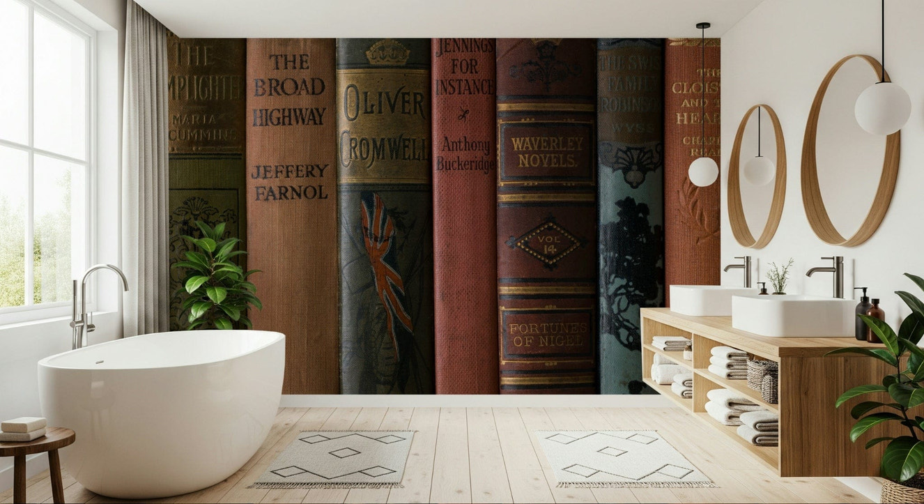 Antique book spine pattern of Classic Literature Shelf wallpaper.