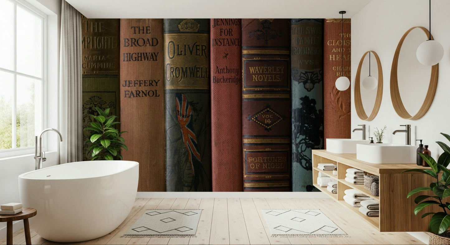 Antique book spine pattern of Classic Literature Shelf wallpaper.