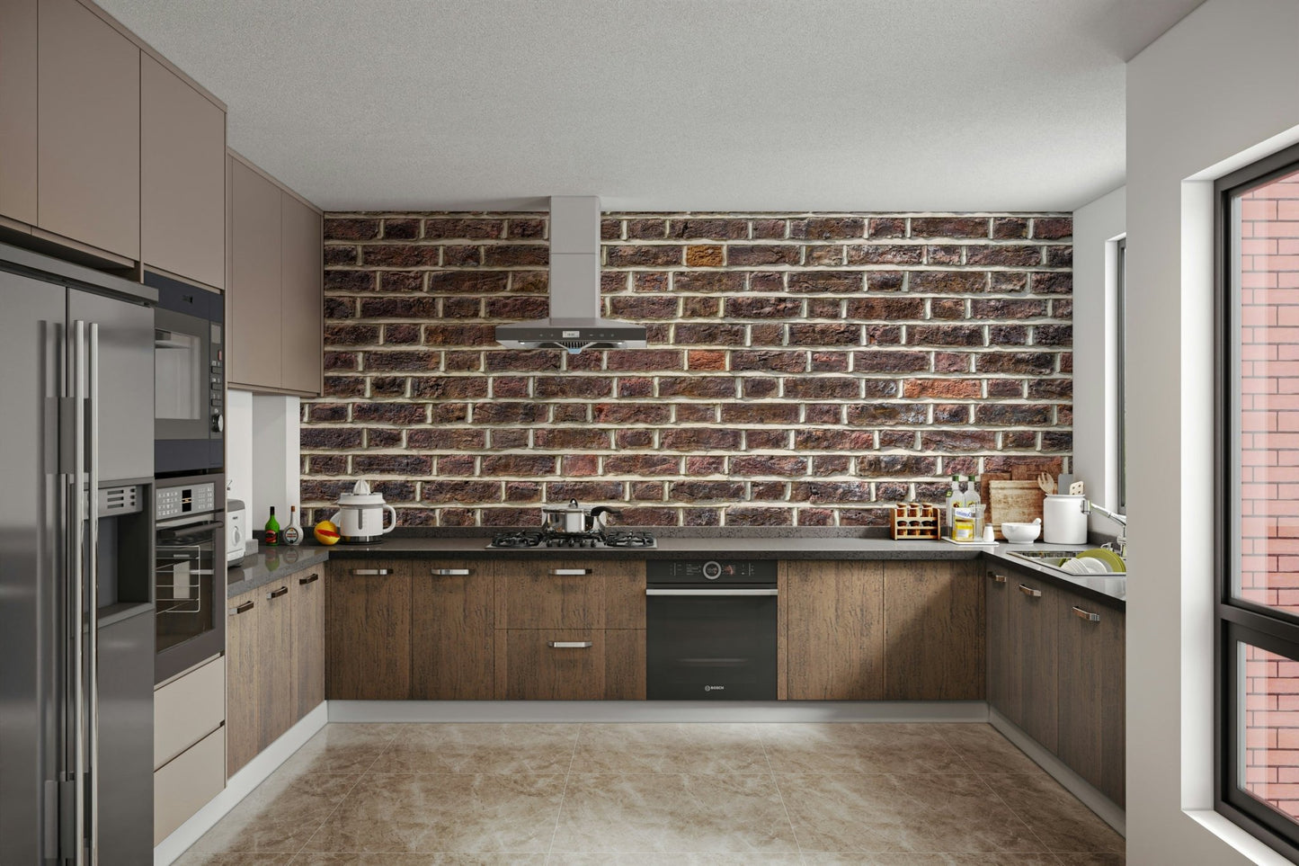 Realistic brick mural wallpaper for a cozy, grounded look.

