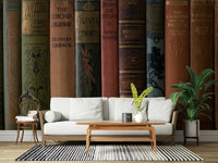 Library shelf wall mural in warm tones