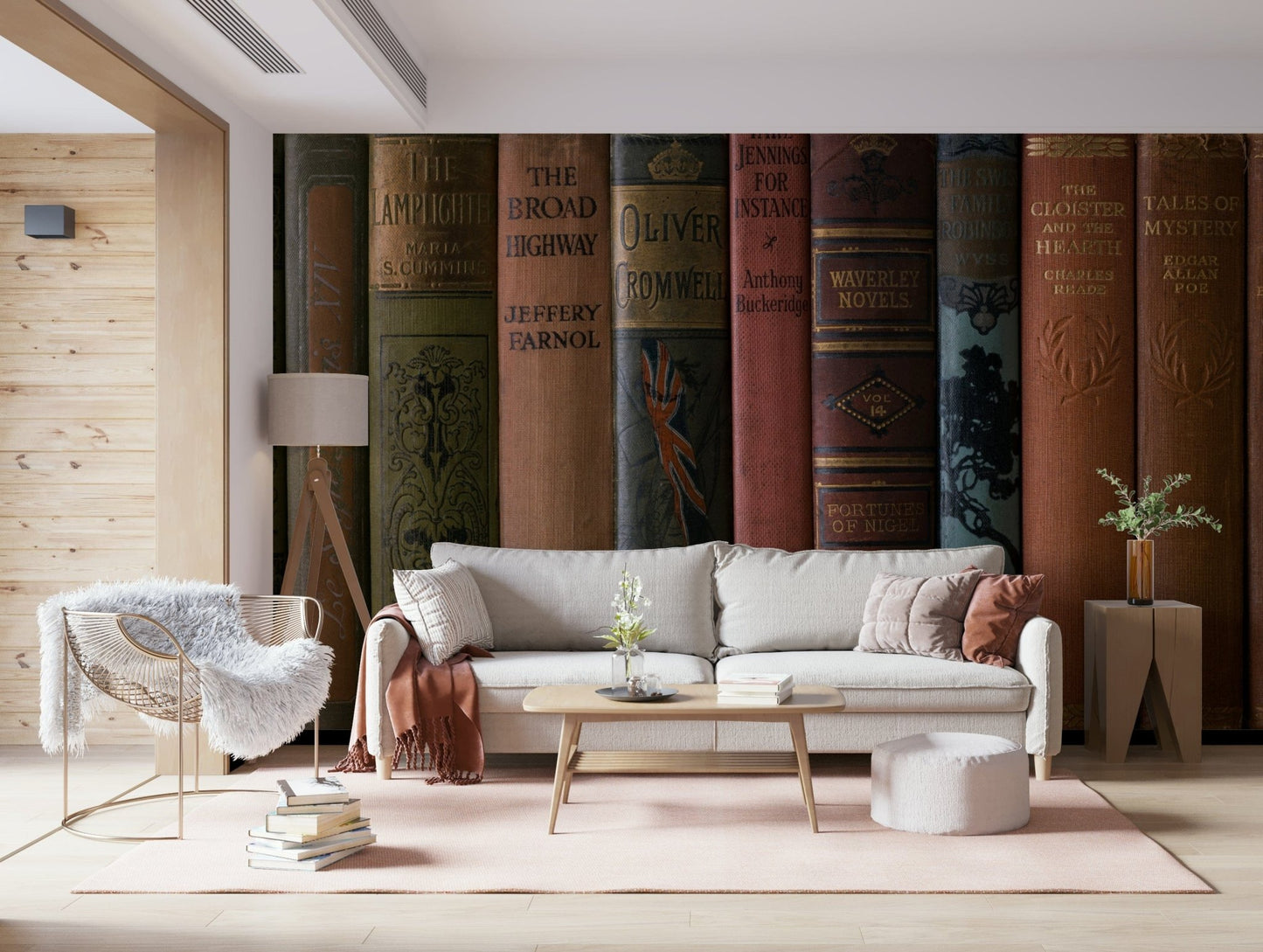 Bookcase inspired wall mural in neutral hues
