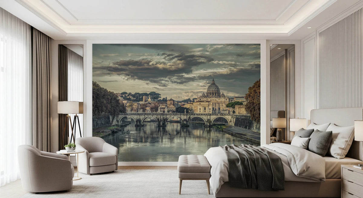 Classic Roman Architecture wallpaper mural of St. Peter's dome and the Tiber behind a gray bed and beige armchairs