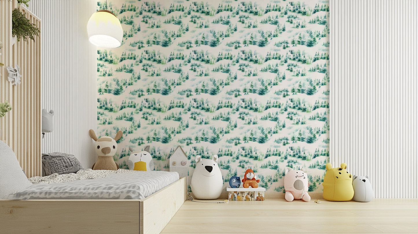 Snowy pine trees on traditional green wallpaper

