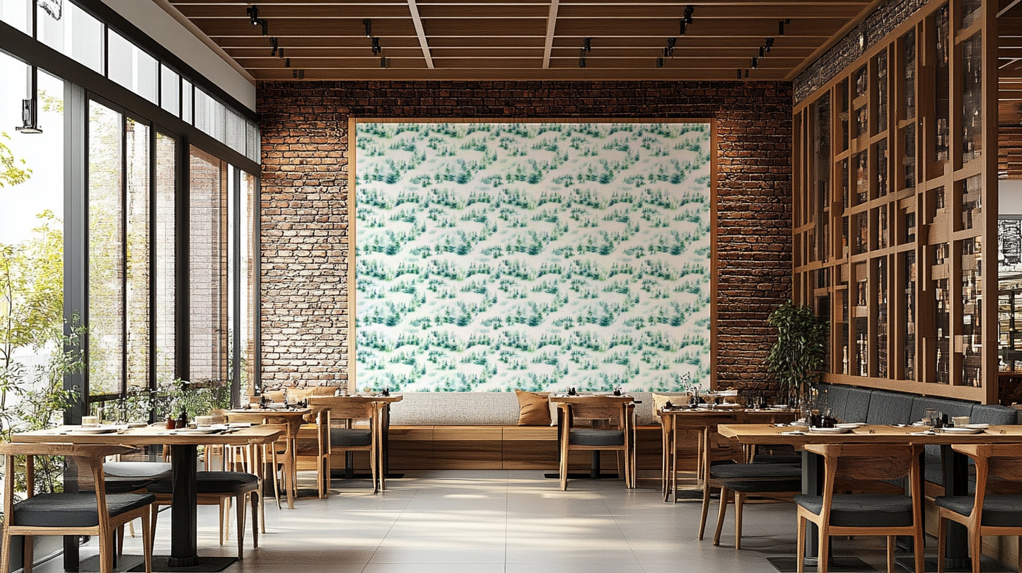 Retro green wallpaper with snowy tree pattern

