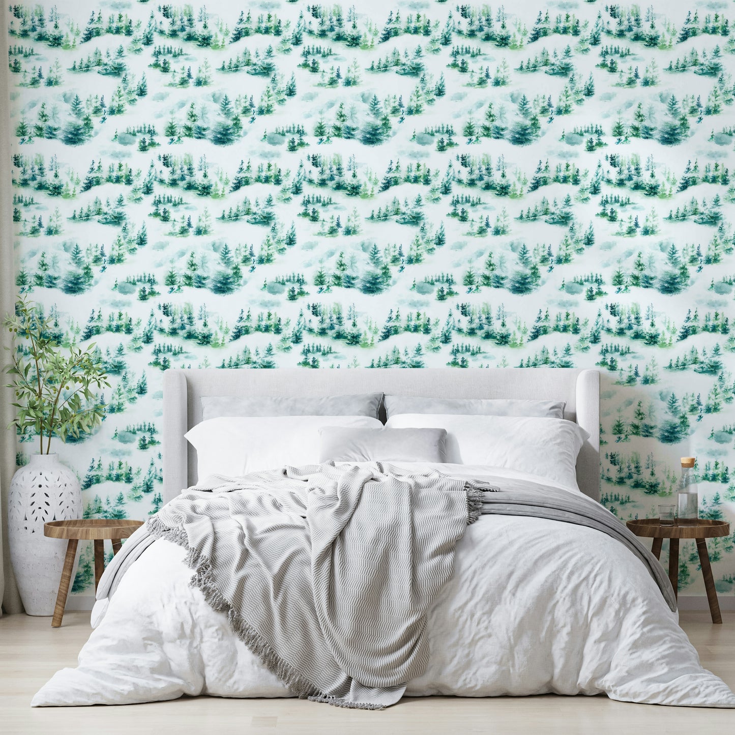 Snow-covered trees on vintage green background

