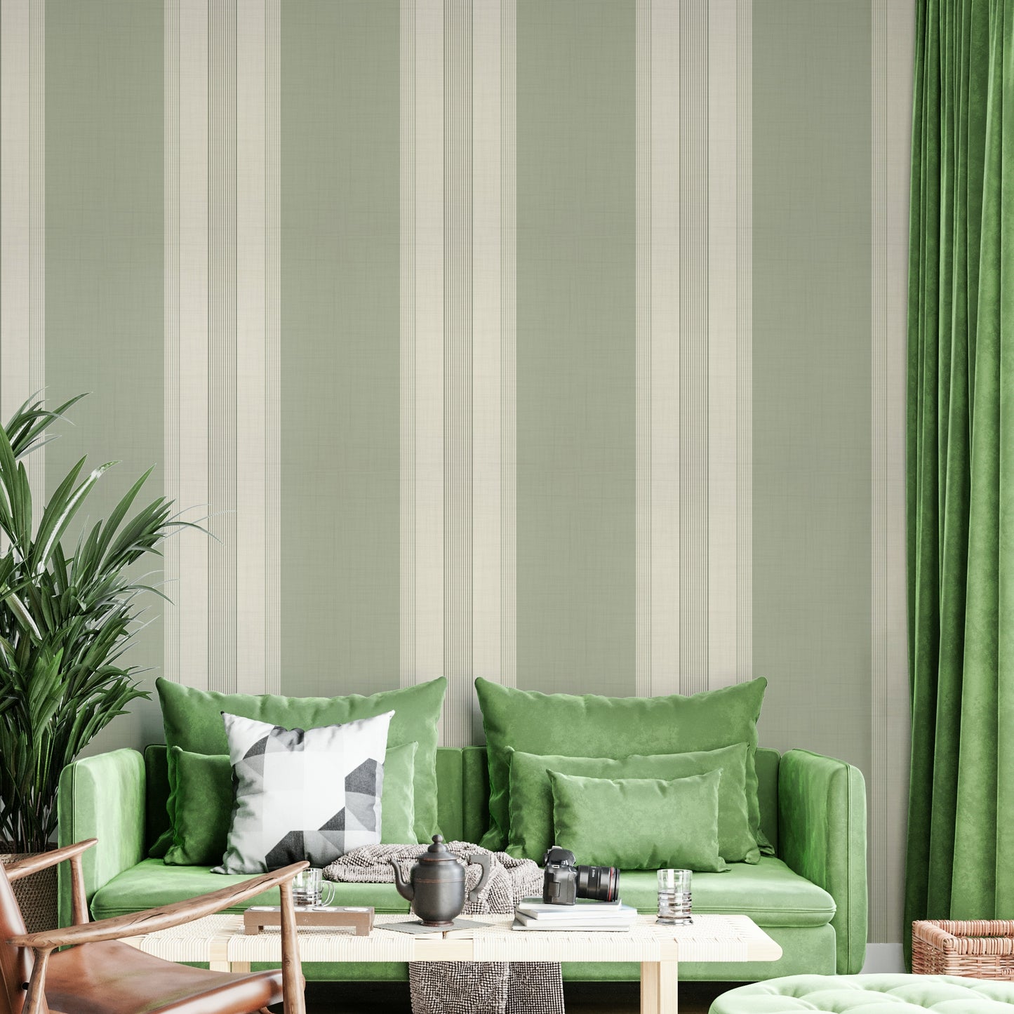 Classic Multiline Stripes Sage Green Wallpaper⁠
