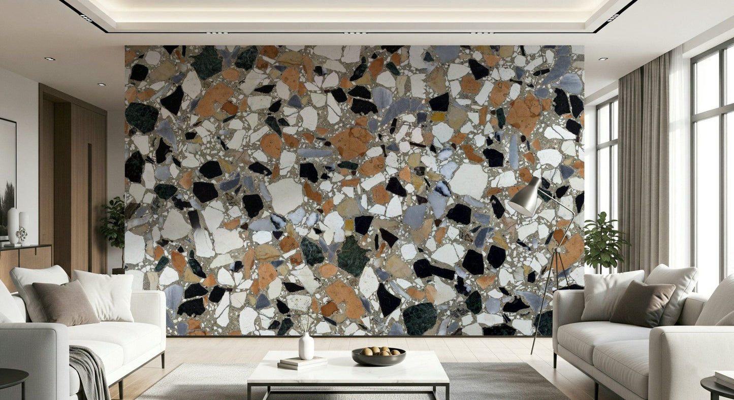 Textured Terrazzo tile look wallpaper for an authentic stone surface.