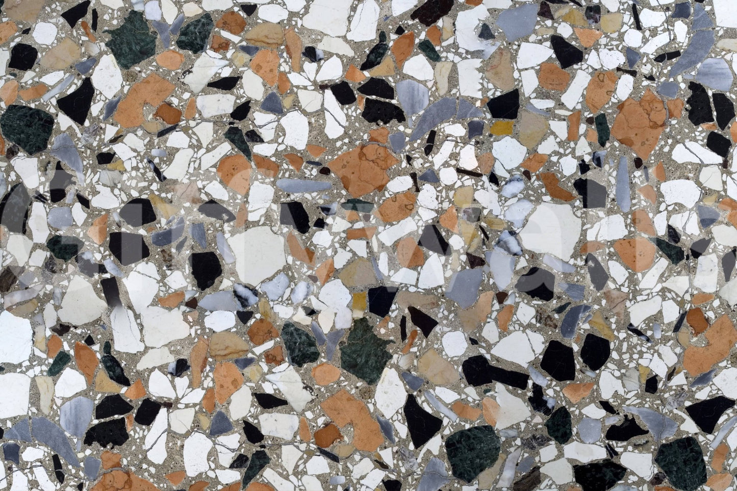 Abstract segmented Terrazzo Mix mural brings architecture indoors gracefully.