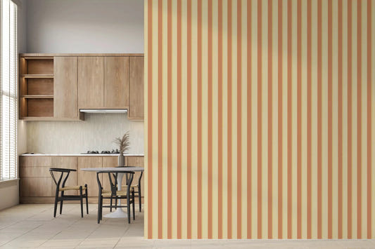 Classic Vertical Stripes Wallpaper with terracotta and cream linear design.