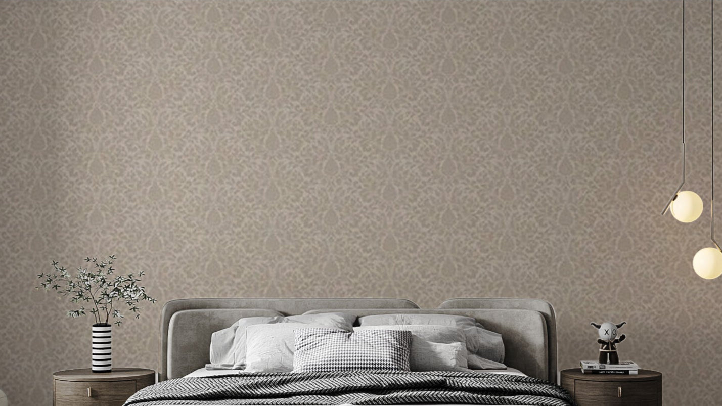 Beige Damask pattern wallpaper mural shown as a full feature wall that highlights the design