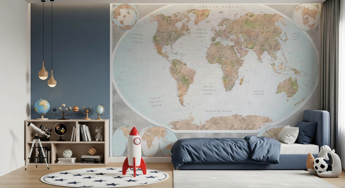 Classic world map in blue and earthy tones Wall Mural