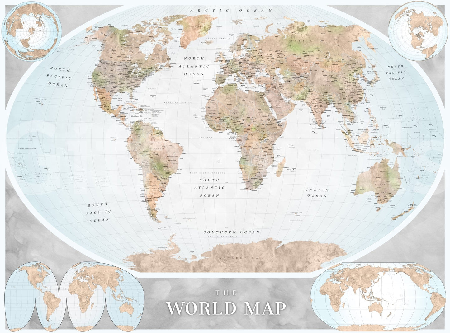 Classic world map in blue and earthy tones Wall Mural