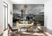 Classical City Charm wallpaper mural of grey Edinburgh cityscape behind a rattan sofa, woven pendant lamp and potted olive tree