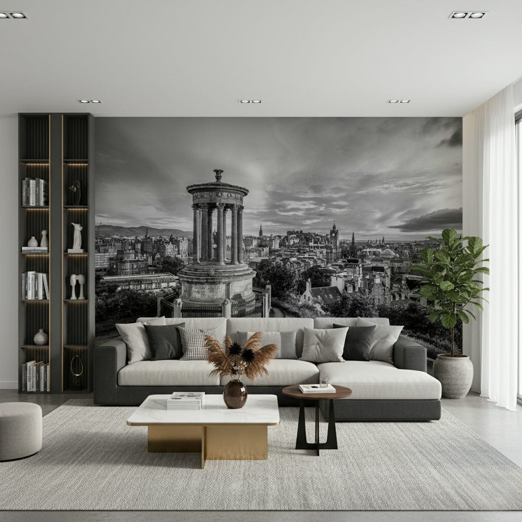 Classical City Charm wallpaper mural of Edinburgh monument behind a grey and cream sectional sofa and marble coffee table