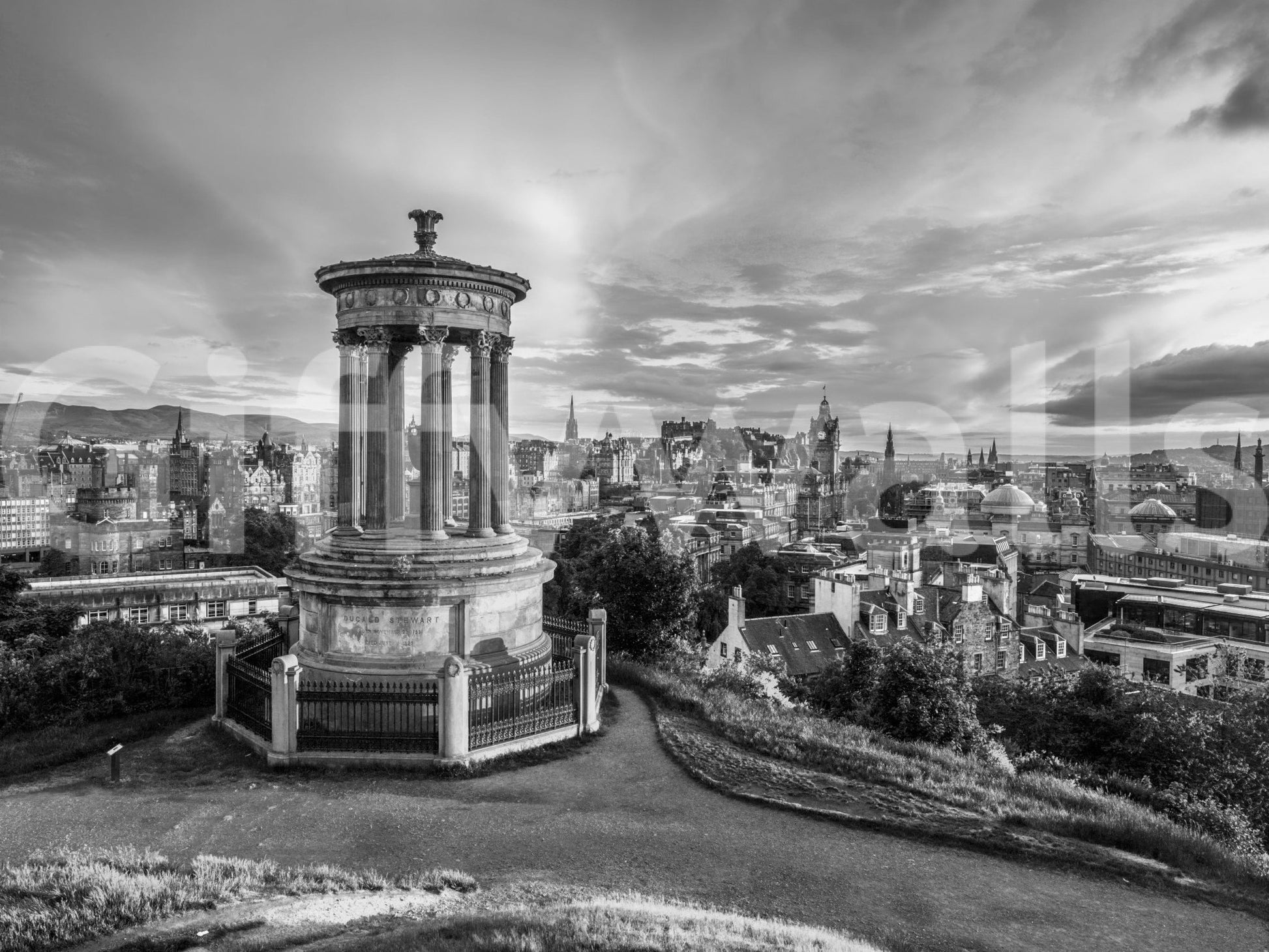 Classical City Charm wallpaper mural close-up of the black-and-white Dugald Stewart Monument above the Edinburgh skyline