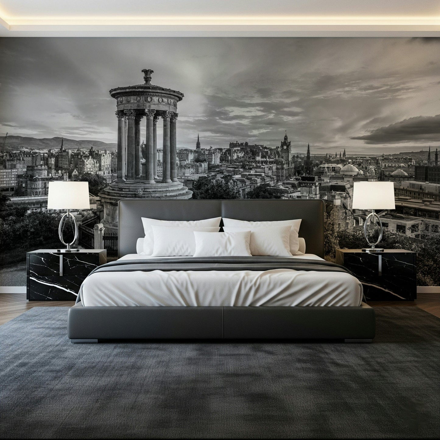 Classical City Charm wallpaper mural of black-and-white Edinburgh skyline and monument behind a grey bed with black marble nightstands