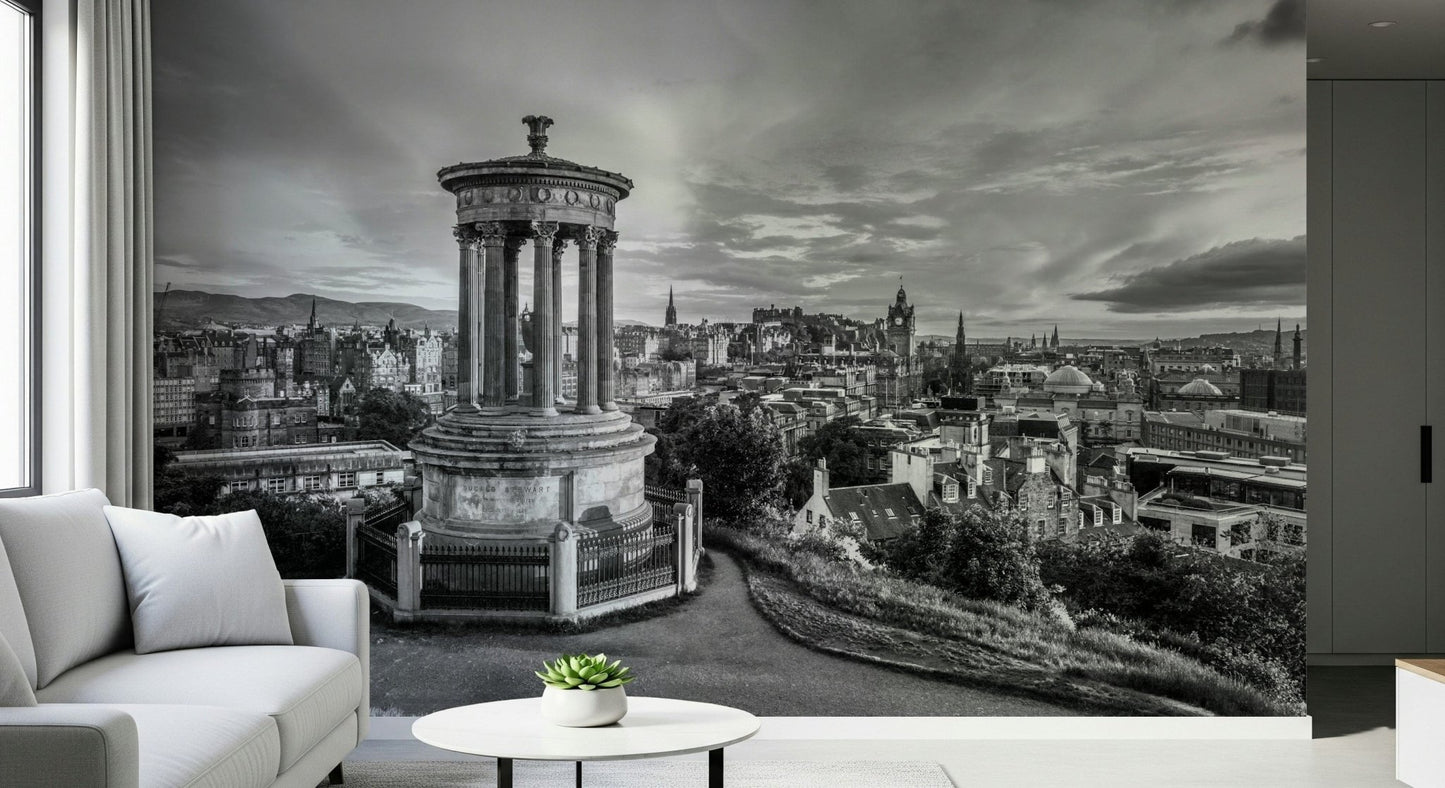 Classical City Charm wallpaper mural of Edinburgh skyline behind a white sofa and round side table with a small succulent