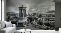 Classical City Charm wallpaper mural of Edinburgh skyline behind a white sofa and round side table with a small succulent