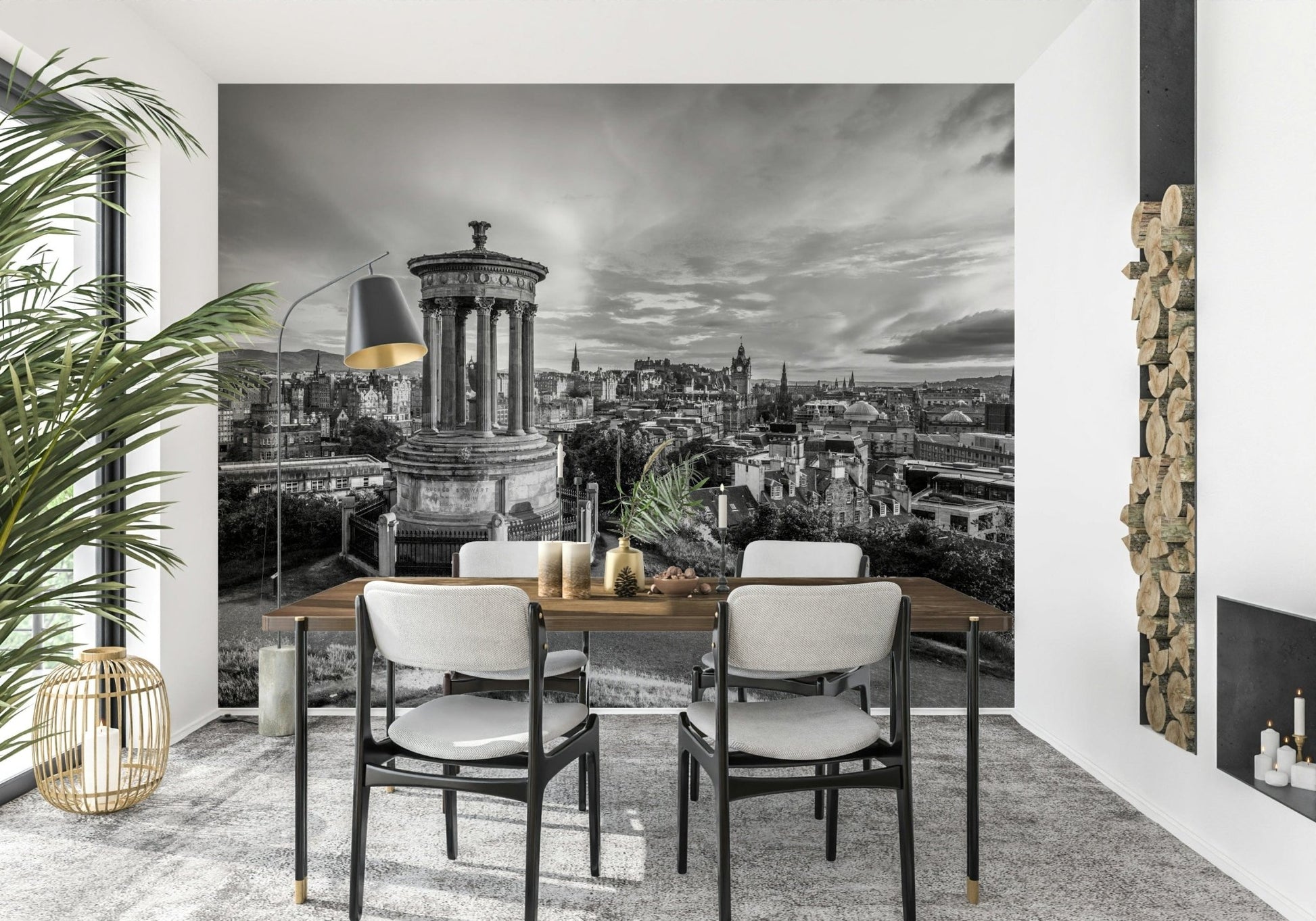Classical City Charm wallpaper mural of grey Edinburgh skyline behind a wooden dining table with cream chairs and arc floor lamp
