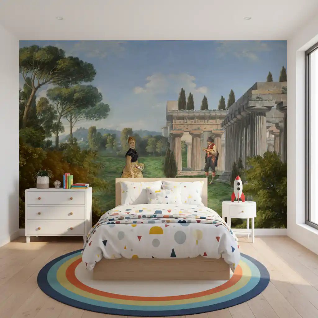 Classical Garden Encounter wall mural instills peaceful atmospheres for nursery.