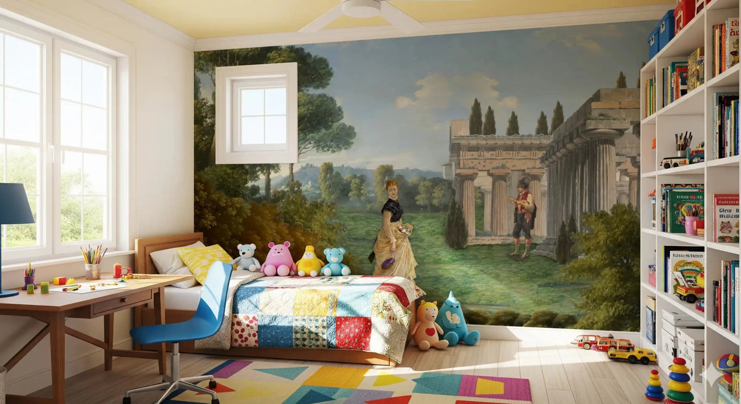 A man reads next to stone temple pillars in the Classical Garden Encounter wall mural.