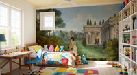 A man reads next to stone temple pillars in the Classical Garden Encounter wall mural.