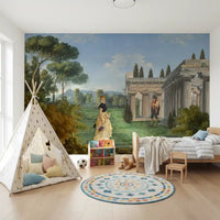 Classical Garden Encounter wall mural introduces nostalgic appeal into nursery.