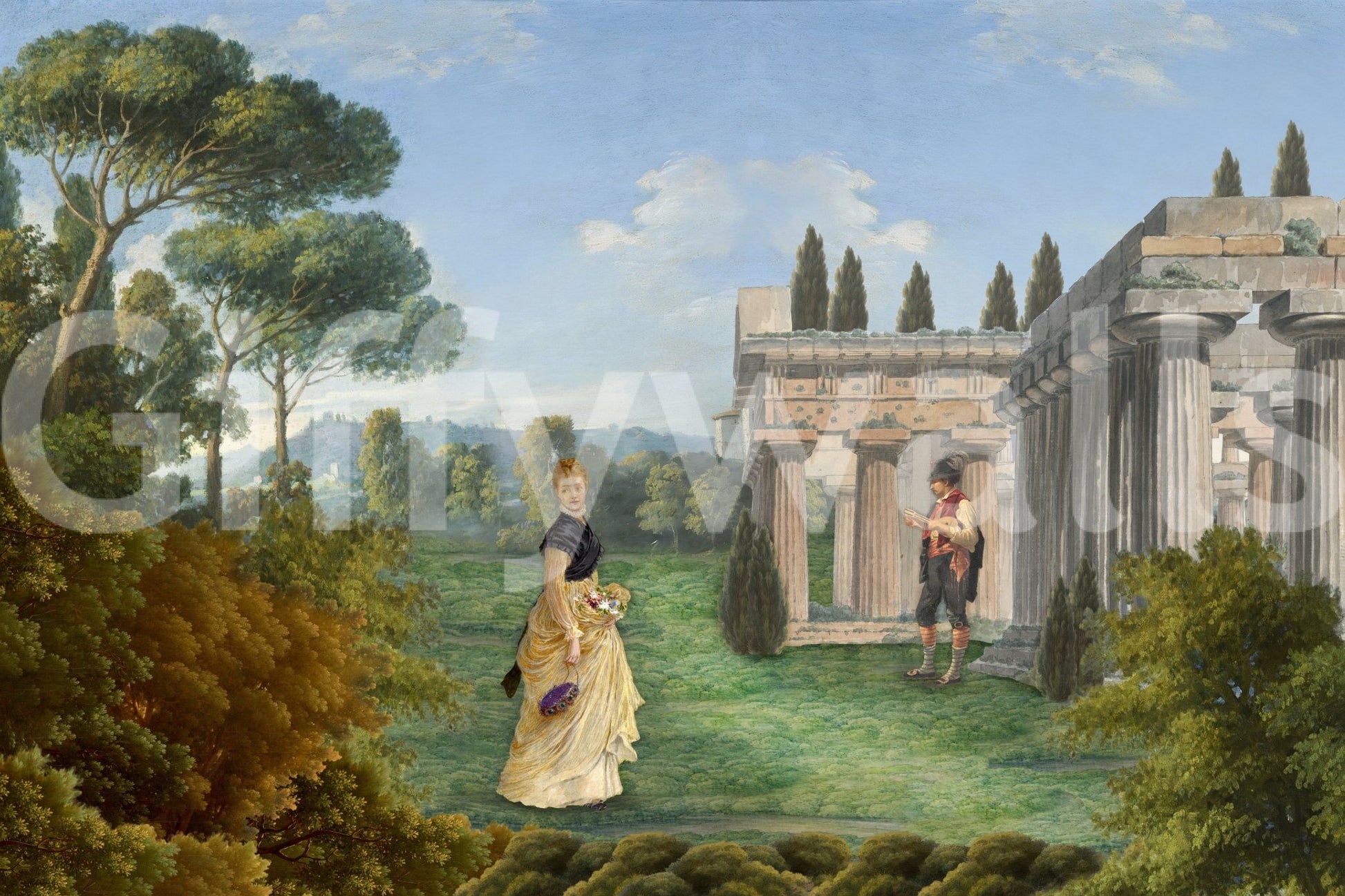 Lush green trees frame the landscape of the Classical Garden Encounter wall mural.