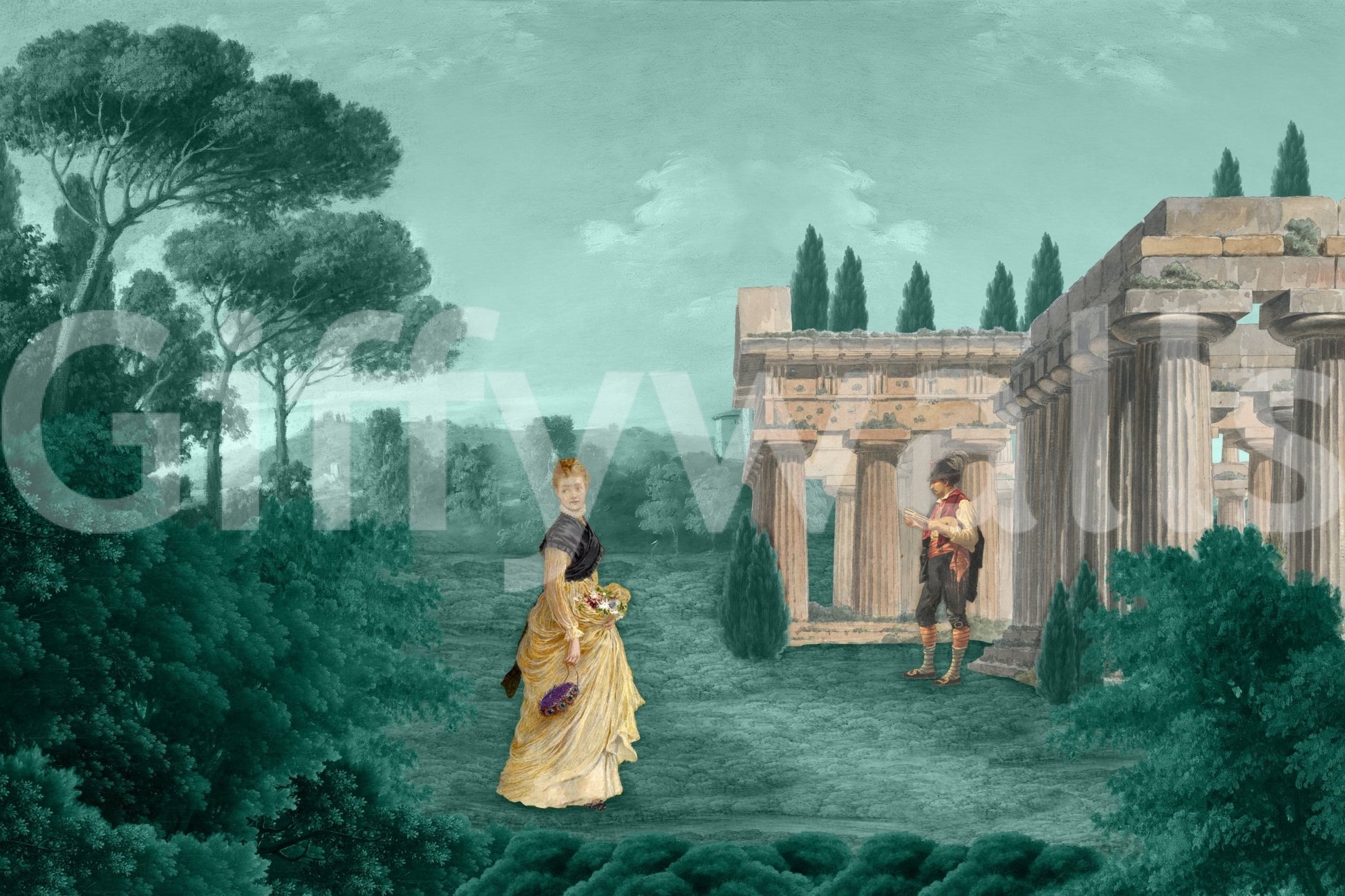 Classical garden retreat wall mural with figures near stone columns