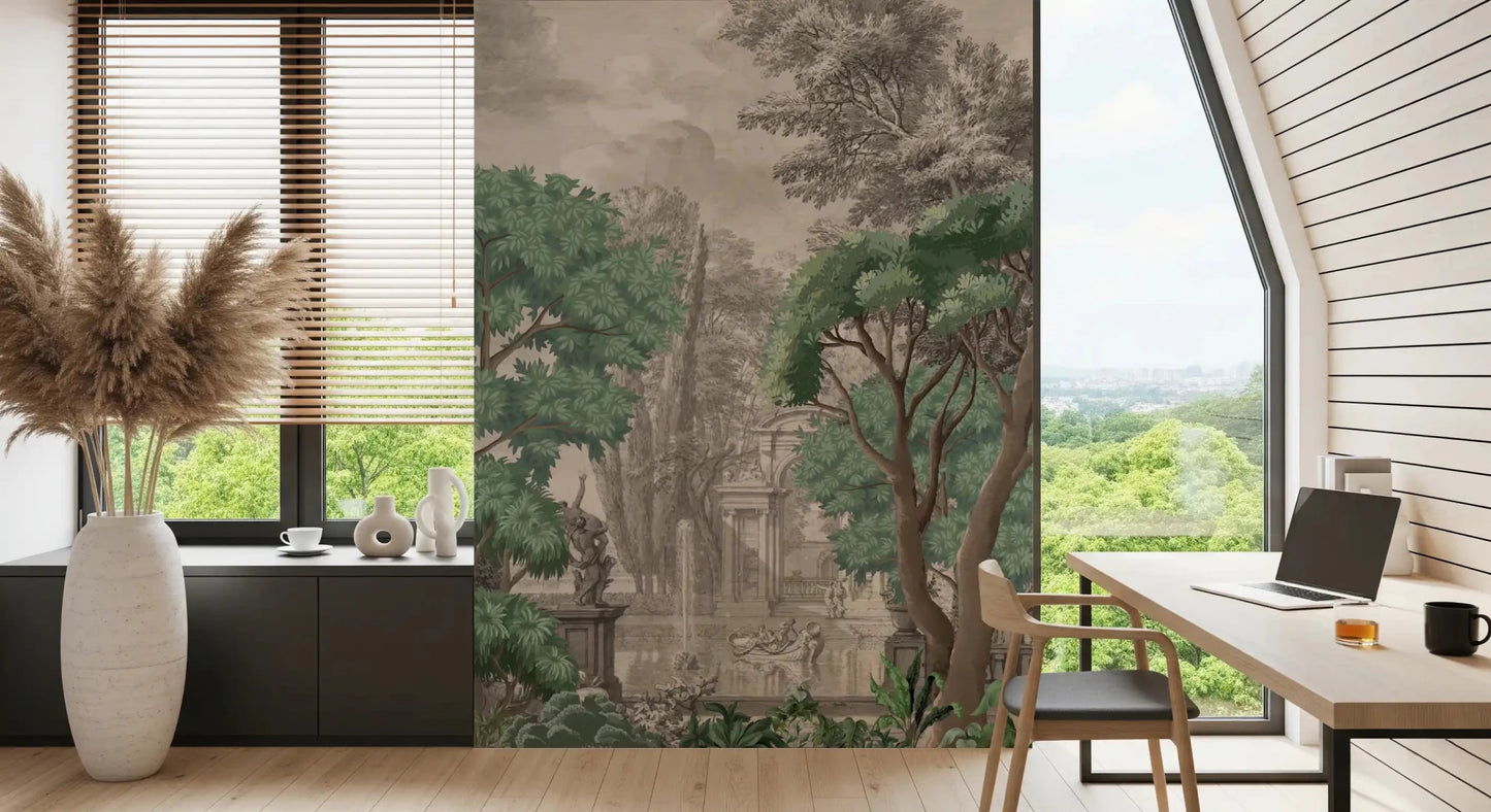 This soft green garden wall mural fits perfectly in a peaceful Office home .