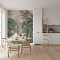 A botanical oasis wall mural creates a relaxing vibe in a Dining room .