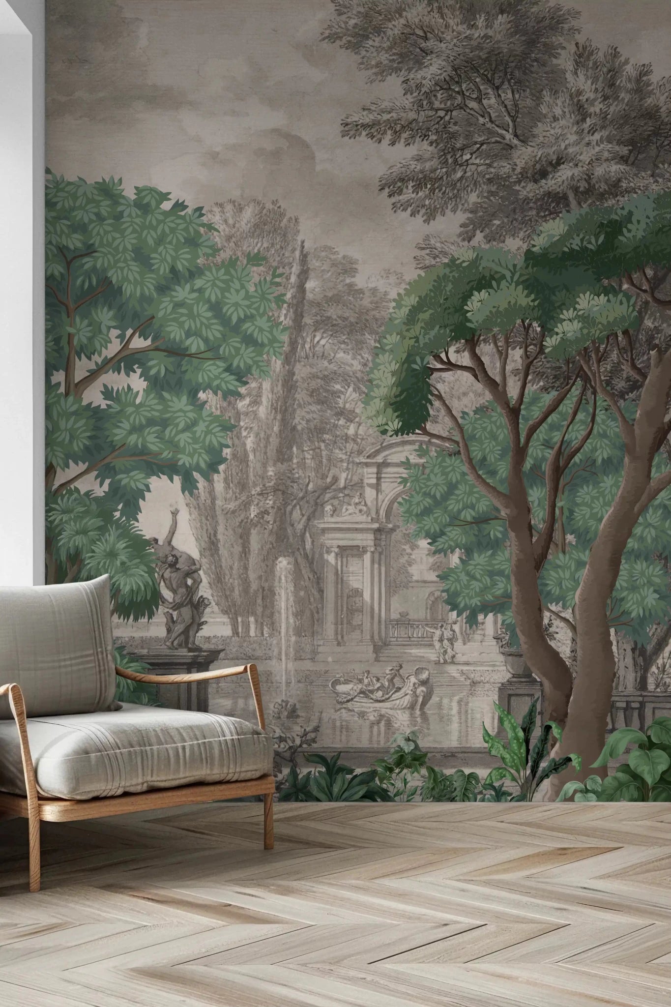 A master Living area features the classical serene landscape wall mural as a headboard.
