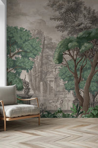 A master Living area features the classical serene landscape wall mural as a headboard.