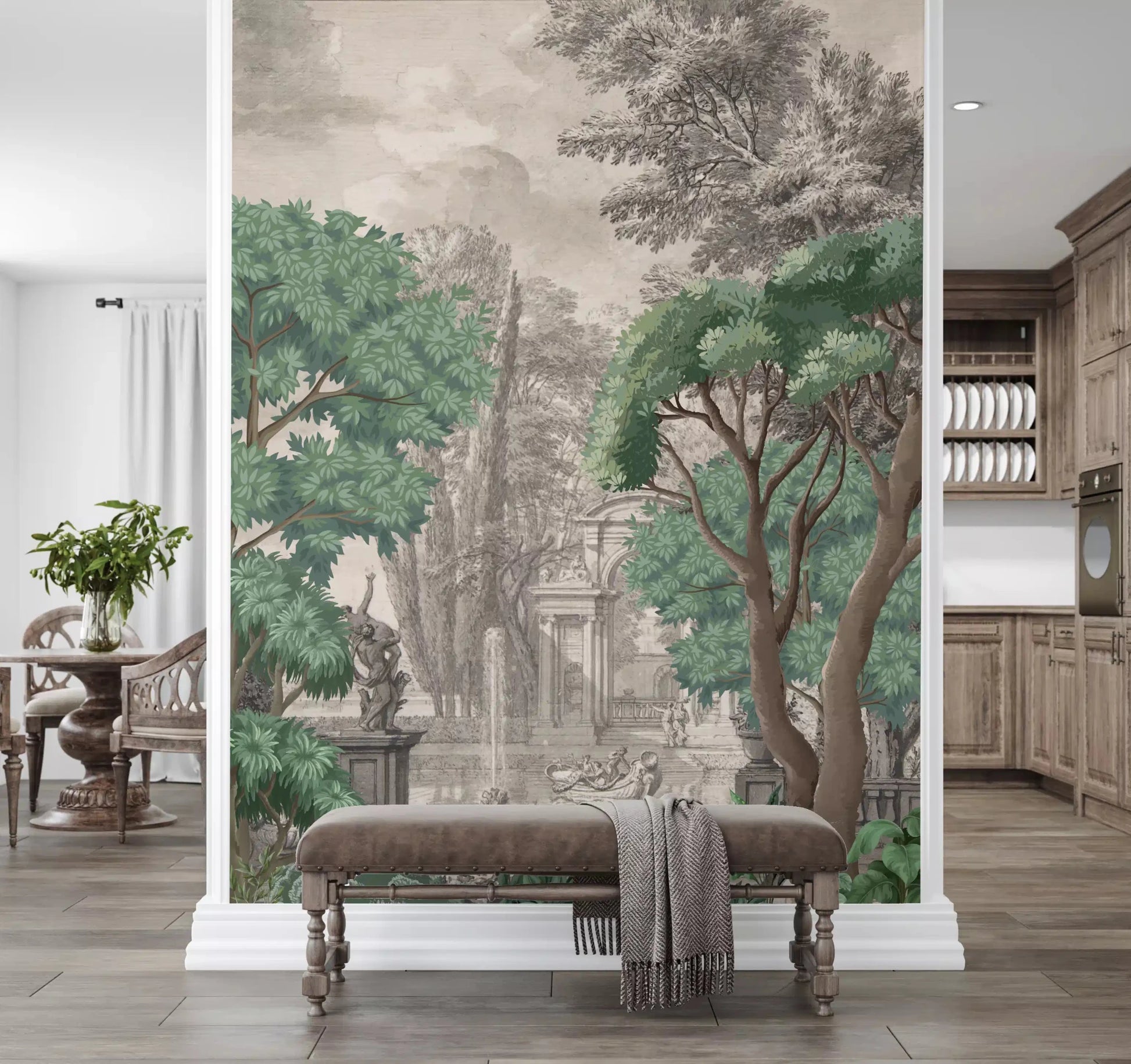 This oasis garden wall mural provides a calm backdrop in a master Entryway.