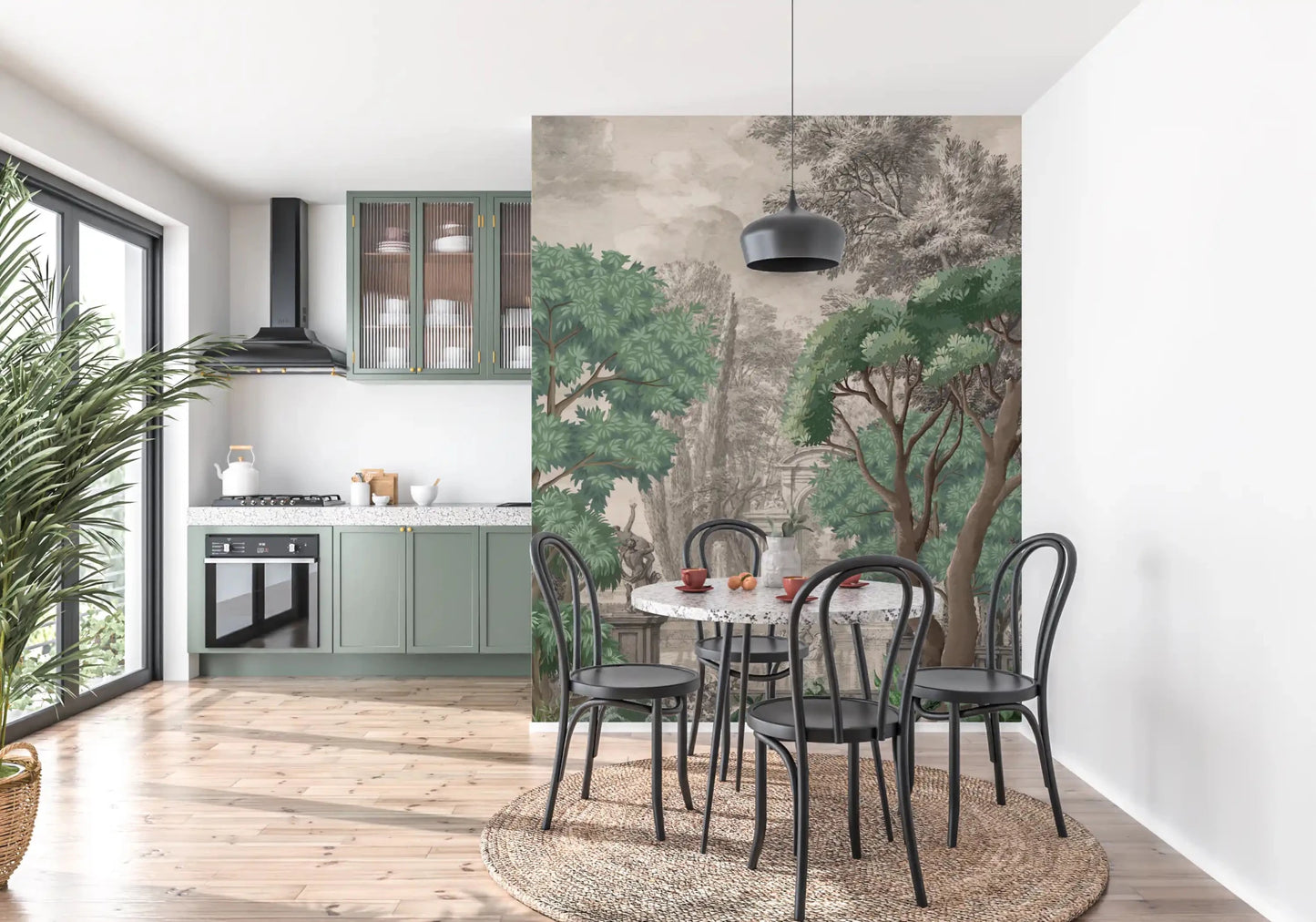 The classical oasis wall mural brings nature into a quiet Kitchen and dining room