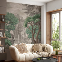 The green garden oasis wall mural adds visual depth to a long hallway.