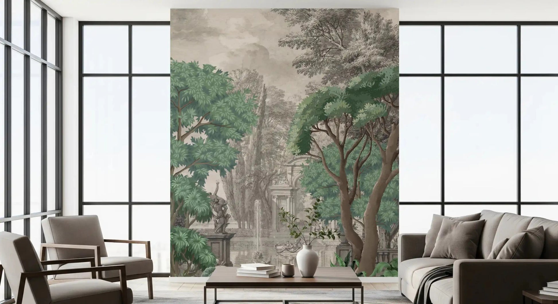 A formal Living room features the lush green oasis wall mural.